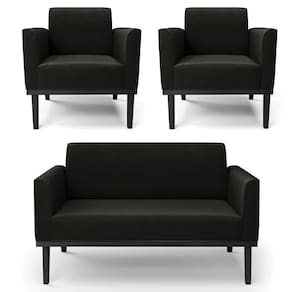 Sofá Namoradeira E 2 Poltronas Base Madeira Preto Maressa Suede Preto