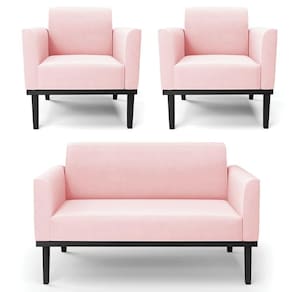 Sofá Namoradeira E 2 Poltronas Base Madeira Preto Maressa Suede Rosa Bebê