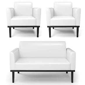 Sofá Namoradeira E 2 Poltronas Base Madeira Preto Maressa Sintético Pu Branco