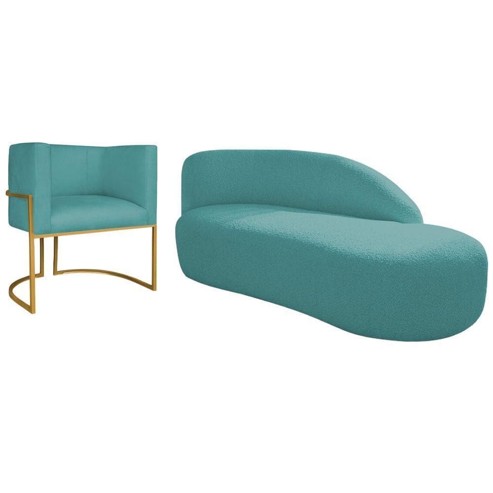 Kit Divã Luna 185cm Lado Direito E 01 Poltrona Base De Ferro Dourado Suede Cor Azul Turquesa