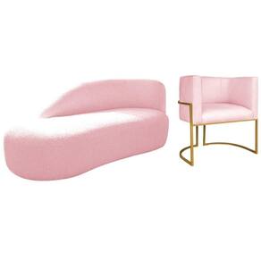 Kit Divã Luna 185cm Lado Esquerdo E 01 Poltrona Base De Ferro Dourado Suede Cor Rosa Bebê