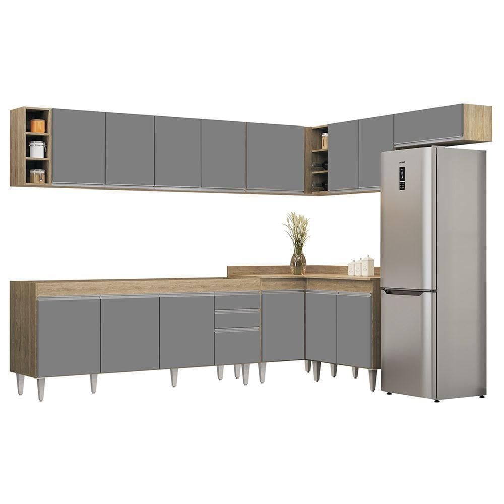 Armário De Cozinha Modulado De Canto 8 Peças Cp25 Balcão Sem Tampo Castanho-cinza