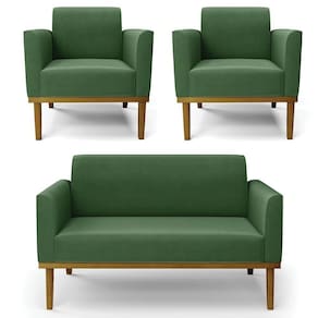Sofá Namoradeira E 2 Poltronas Base Madeira Castanho Maressa Suede Verde