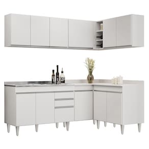 Armário De Cozinha Modulado De Canto 6 Peças Cp30 Com Pia Inox Branco