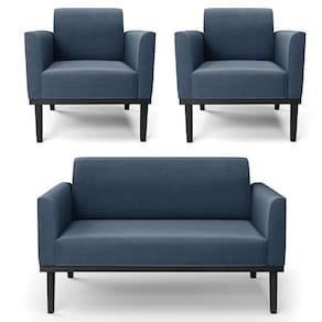 Sofá Namoradeira E 2 Poltronas Base Madeira Preto Maressa Suede Azul Marinho