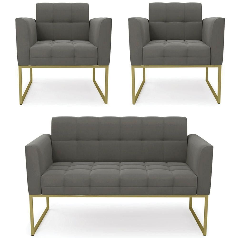 Sofá Namoradeira E 2 Poltronas Base Industrial Dourado Ana Suede Grafite