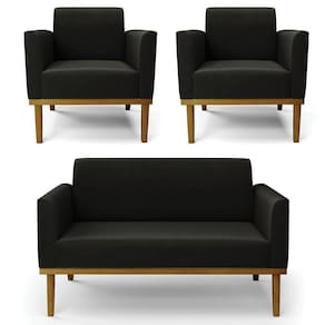 Sofá Namoradeira E 2 Poltronas Base Madeira Castanho Maressa Suede Preto