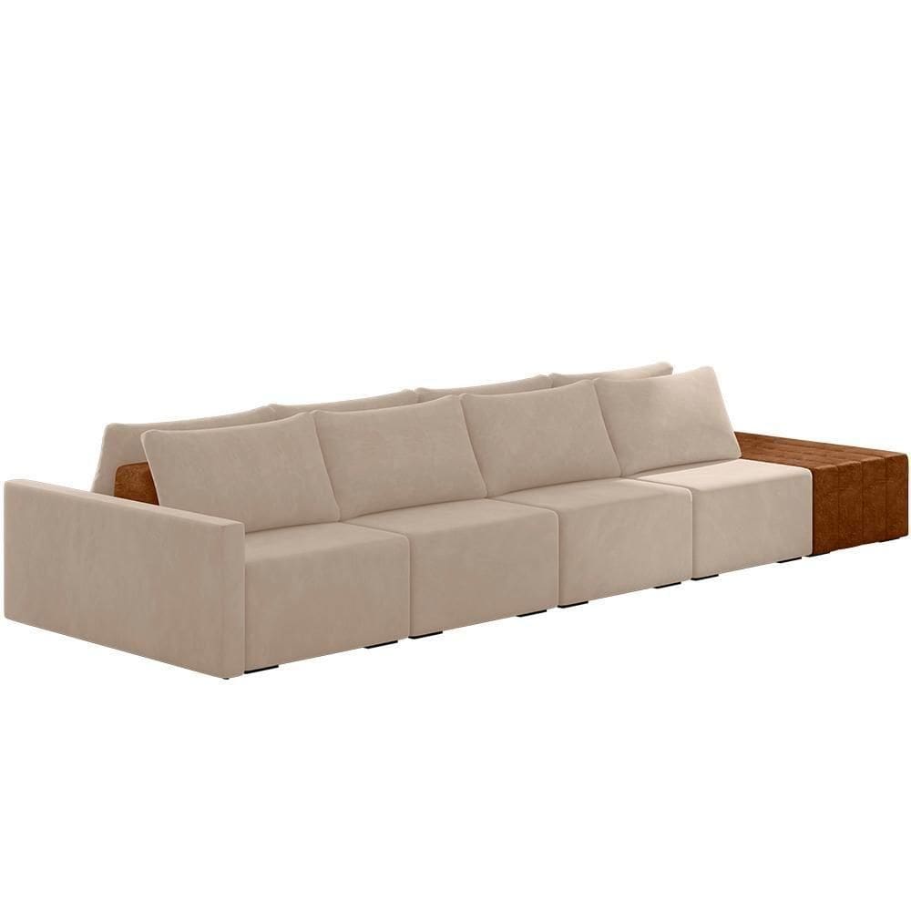 Sofá Ilha Modular Para Sala 432cm Com Puff Dublin K01 Veludo Bege Sintético Caramelo - Lyam Decor