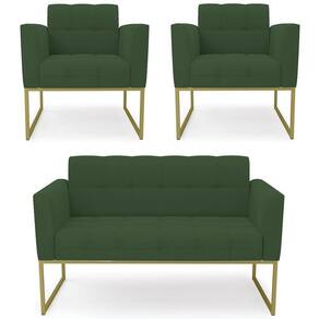 Sofá Namoradeira E 2 Poltronas Base Industrial Dourado Ana Veludo Verde