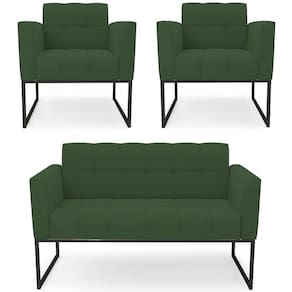 Sofá Namoradeira E 2 Poltronas Base Industrial Preto Ana Veludo Verde