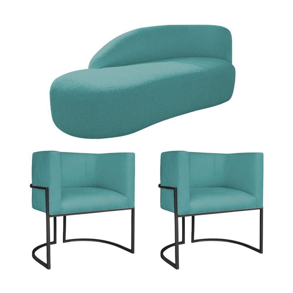 Kit Divã Luna 140cm Lado Esquerdo E 02 Poltronas Base De Ferro Preto Suede Cor Azul Turquesa