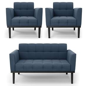 Sofá Namoradeira E 2 Poltronas Base Madeira Preto Ana Suede Azul Marinho