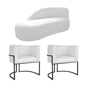 Kit Divã Luna 140cm Lado Esquerdo E 02 Poltronas Base De Ferro Preto Suede Cor Branco