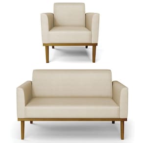 Sofá Namoradeira E 1 Poltrona Base Madeira Castanho Maressa Veludo Luxo Off White