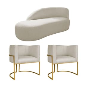 Kit Divã Luna 185cm Lado Esquerdo E 02 Poltronas Base De Ferro Dourado Bouclé Bege
