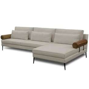 Sofá 5 Lugares Com Chaise 320cm Pés Industrial Malik D06 Linho Bege Couríssimo Camel - Lyam Decor