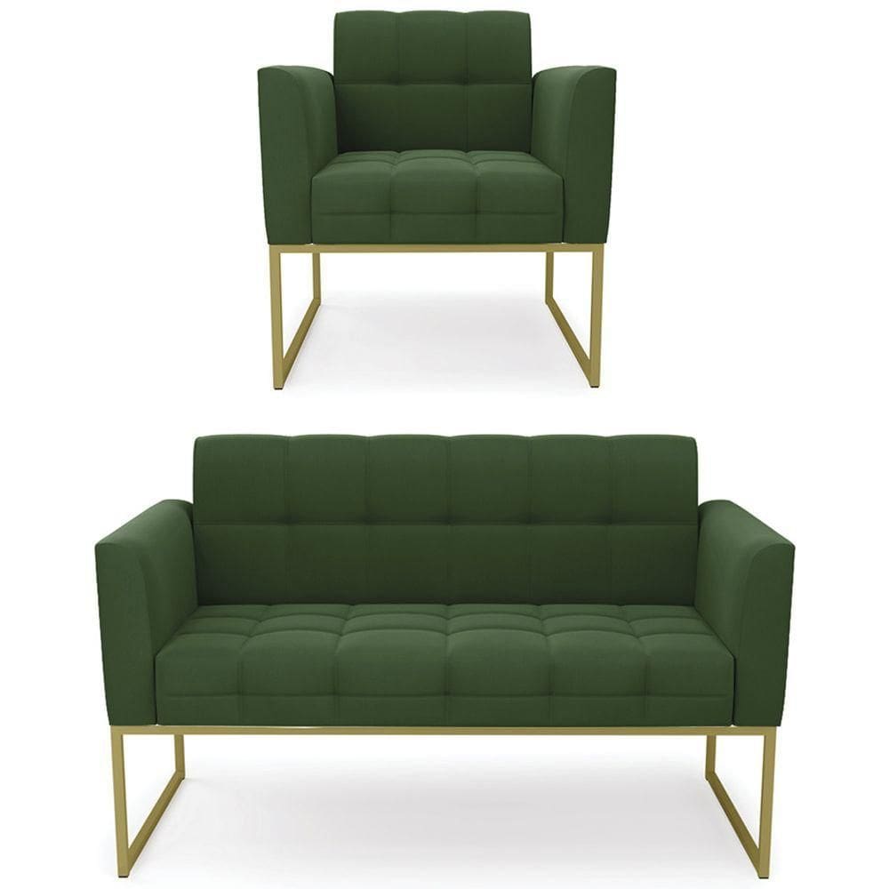 Sofá Namoradeira E 1 Poltrona Base Industrial Dourado Ana Suede Verde