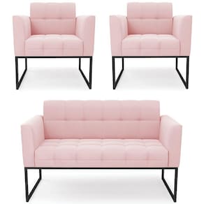 Sofá Namoradeira E 2 Poltronas Base Industrial Preto Ana Suede Rosa Bebê