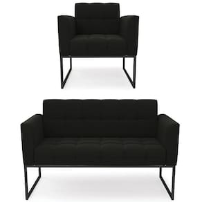 Sofá Namoradeira E 1 Poltrona Base Industrial Preto Ana Suede Preto