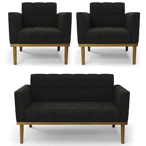 Sofá Namoradeira E 2 Poltronas Base Madeira Castanho Ana Suede Preto