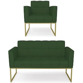 Sofá Namoradeira E 1 Poltrona Base Industrial Dourado Ana Veludo Luxo Verde