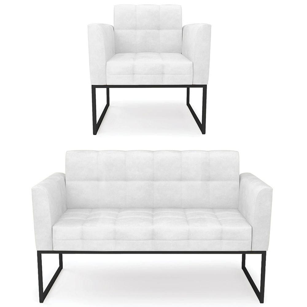 Sofá Namoradeira E 1 Poltrona Base Industrial Preto Ana Sintético Pu Branco