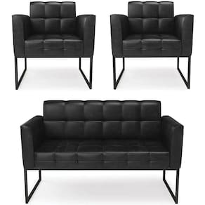 Sofá Namoradeira E 2 Poltronas Base Industrial Preto Ana Sintético Pu Preto