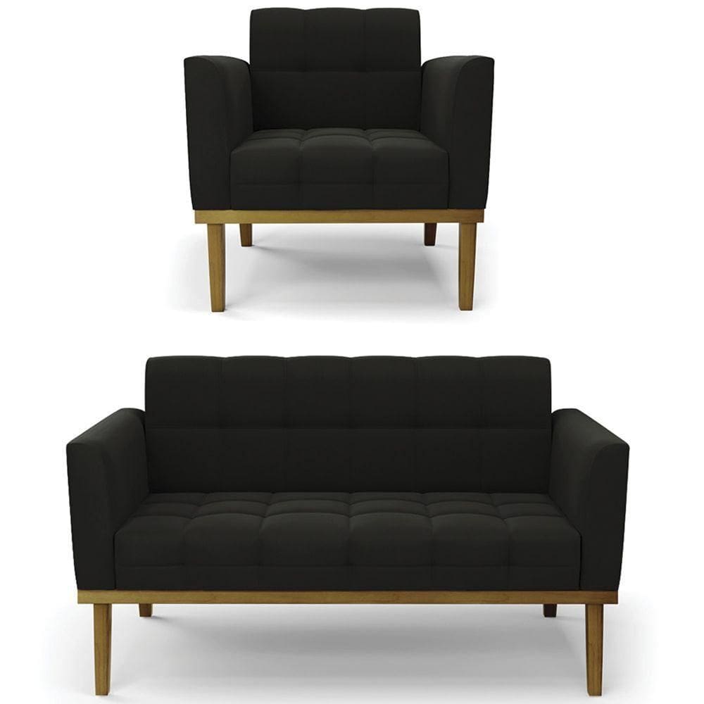 Sofá Namoradeira E 1 Poltrona Base Madeira Castanho Ana Suede Preto