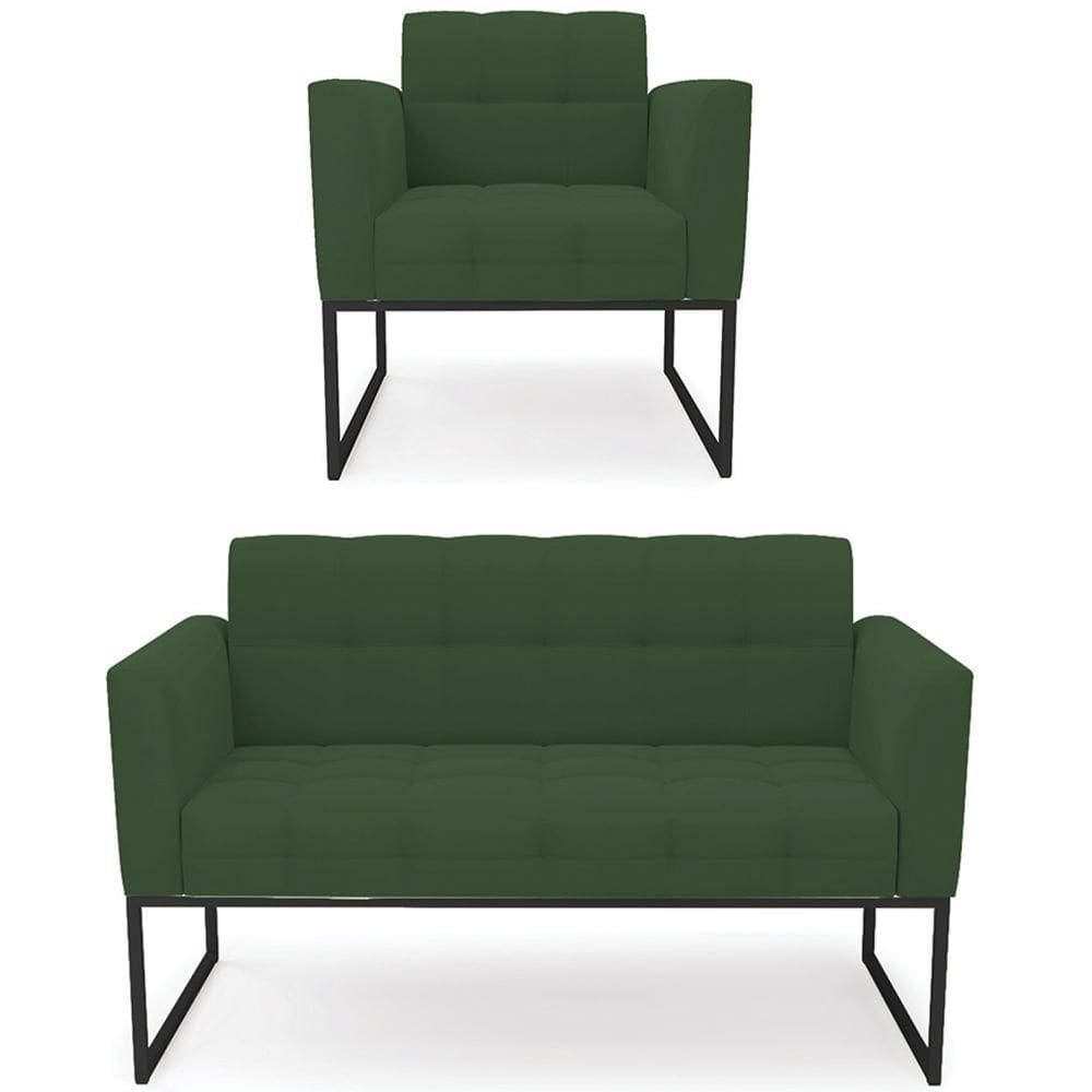 Sofá Namoradeira E 1 Poltrona Base Industrial Preto Ana Veludo Verde