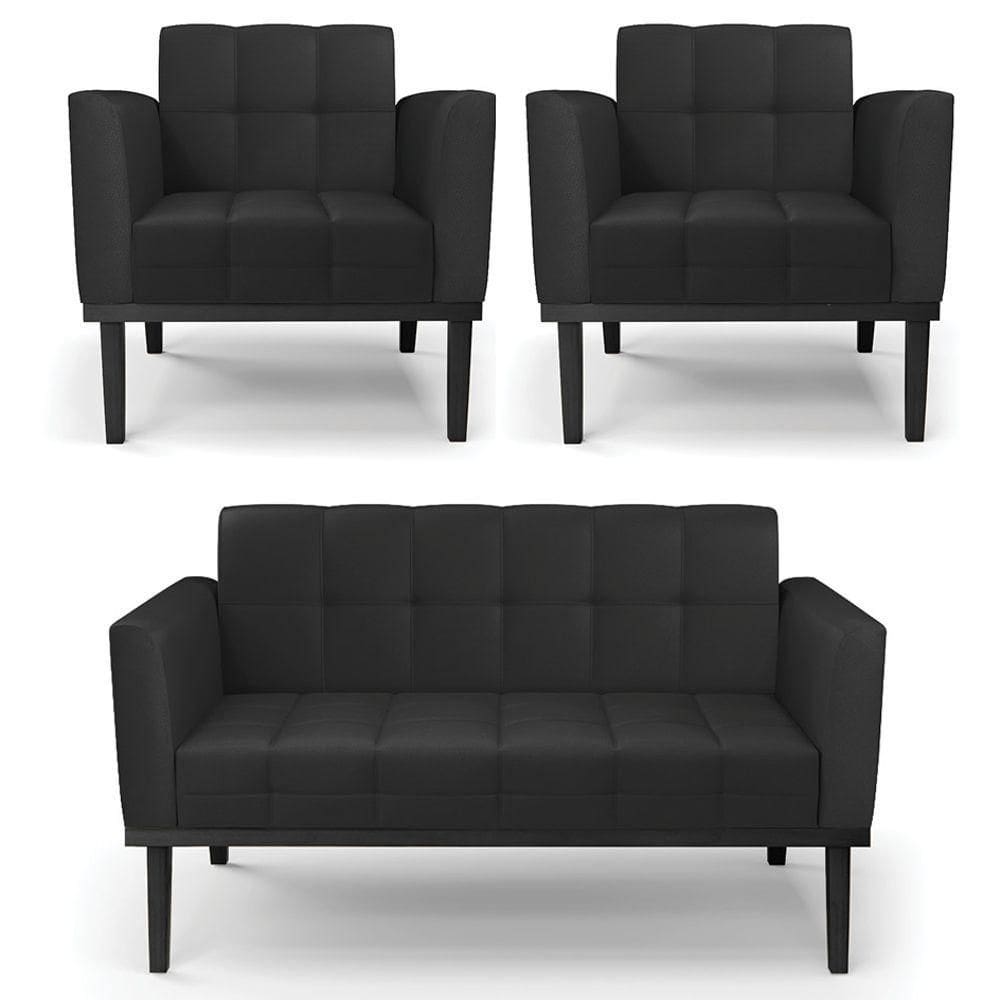 Sofá Namoradeira E 2 Poltronas Base Madeira Preto Ana Sintético Preto