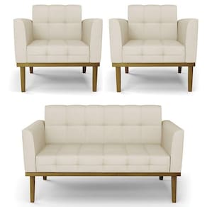 Sofá Namoradeira E 2 Poltronas Base Madeira Castanho Ana Veludo Luxo Off White