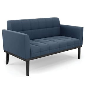 Sofá Namoradeira Base Madeira Preto Ana Suede Azul Marinho