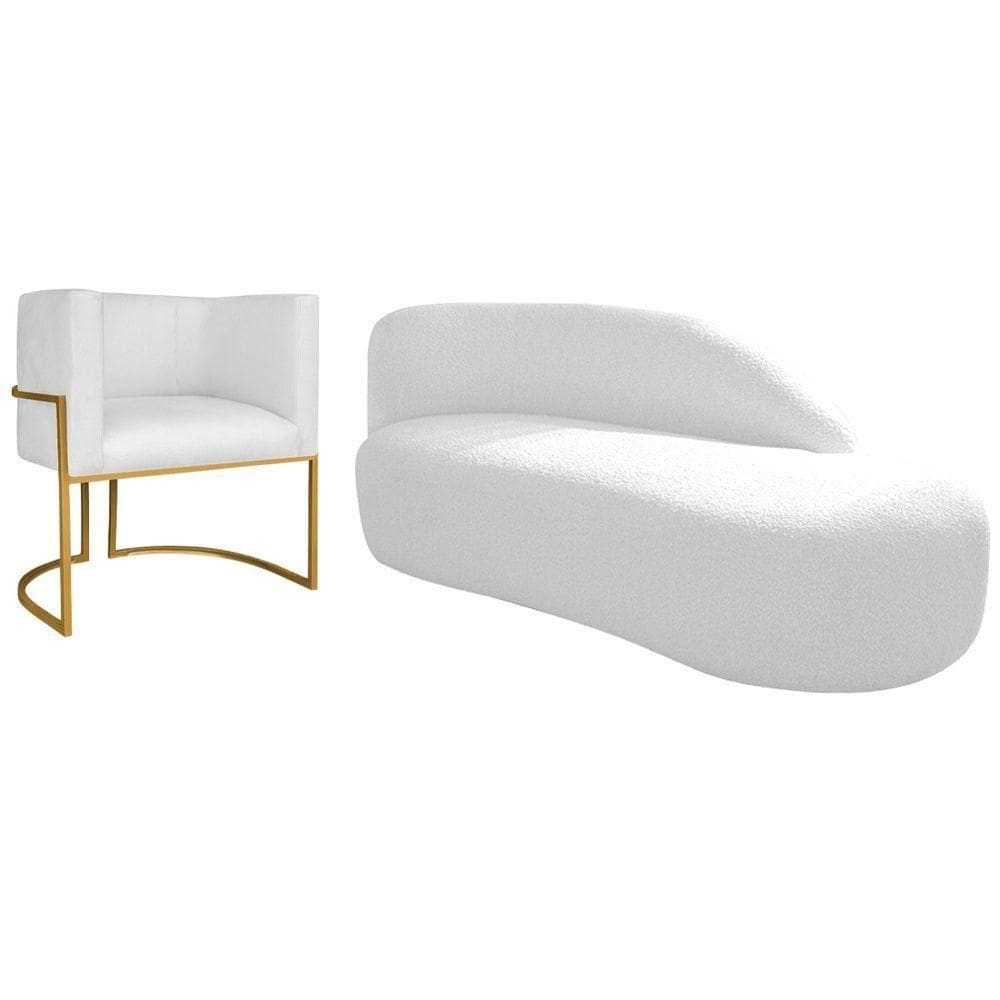 Kit Divã Luna 185cm Lado Direito E 01 Poltrona Base De Ferro Dourado Suede Cor Branco