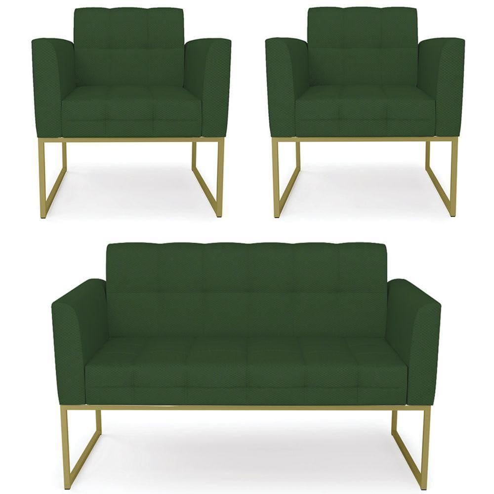 Sofá Namoradeira E 2 Poltronas Base Industrial Dourado Ana Veludo Luxo Verde