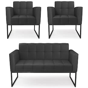 Sofá Namoradeira E 2 Poltronas Base Industrial Preto Ana Sintético Preto