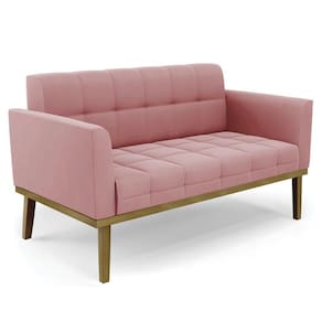 Sofá Namoradeira Base Madeira Castanho Ana Suede Rosê