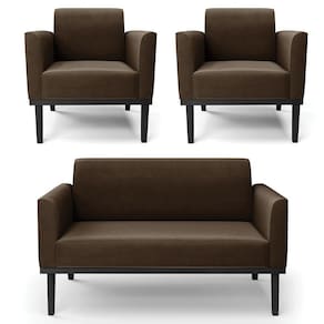 Sofá Namoradeira E 2 Poltronas Base Madeira Preto Maressa Suede Marrom