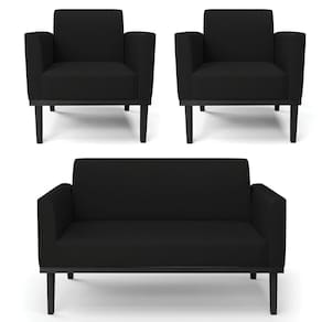 Sofá Namoradeira E 2 Poltronas Base Madeira Preto Maressa Linho Preto