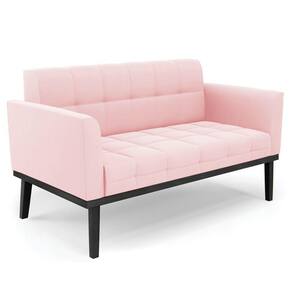 Sofá Namoradeira Base Madeira Preto Ana Suede Rosa Bebê