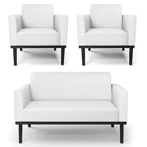 Sofá Namoradeira E 2 Poltronas Base Madeira Preto Maressa Sintético Branco