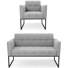 Sofá Namoradeira E 1 Poltrona Base Industrial Preto Ana Suede Cinza