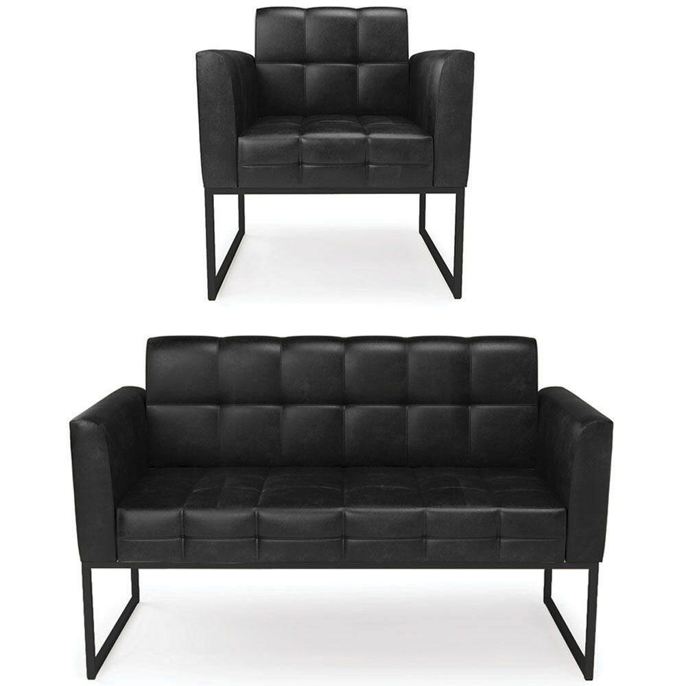 Sofá Namoradeira E 1 Poltrona Base Industrial Preto Ana Sintético Pu Preto