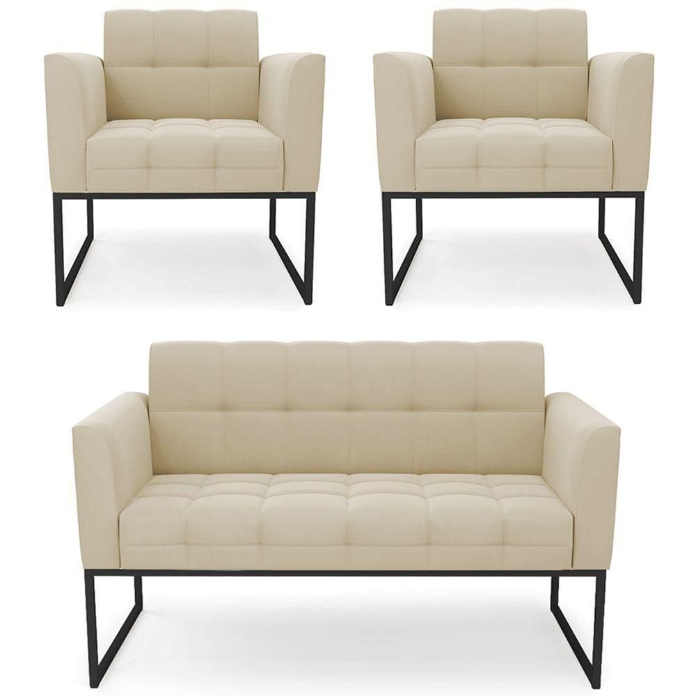 Sofá Namoradeira E 2 Poltronas Base Industrial Preto Ana Suede Bege