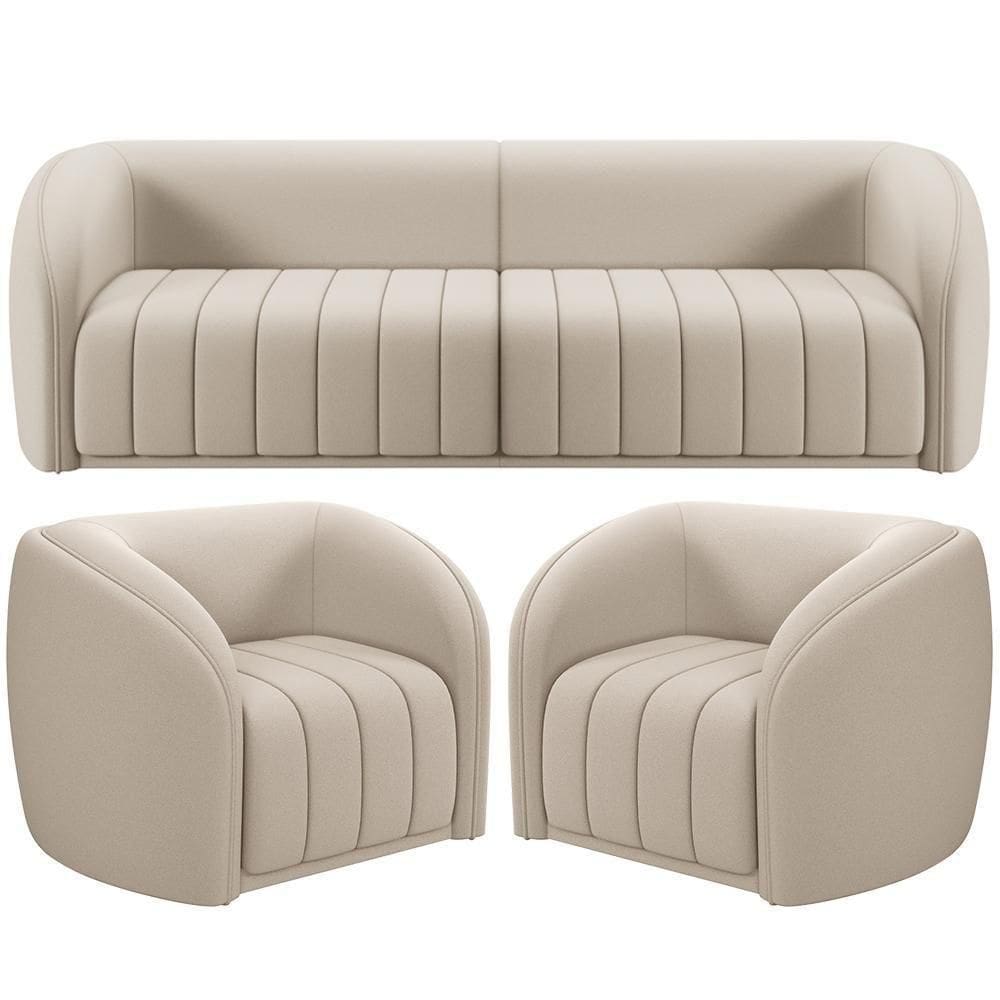 Kit Sofá 4 Lugares Para Sala 252cm Com 02 Poltronas Lazio M03 Veludo Bege - Lyam Decor