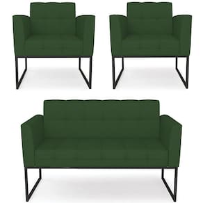 Sofá Namoradeira E 2 Poltronas Base Industrial Preto Ana Veludo Luxo Verde