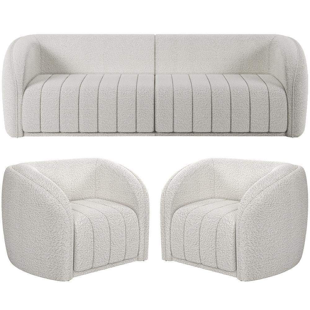 Kit Sofá 4 Lugares Para Sala 252cm Com 02 Poltronas Lazio M03 Bouclê Branco - Lyam Decor
