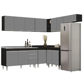 Armário De Cozinha Modulado De Canto 7 Peças Cp24 Com Pia Inox Preto-cinza