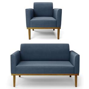 Sofá Namoradeira E 1 Poltrona Base Madeira Castanho Maressa Suede Azul Marinho
