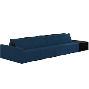 Sofá Ilha Modular Para Sala 432cm Com Puff Dublin K01 Veludo Azul Marinho E Sintético Preto - Lyam Decor
