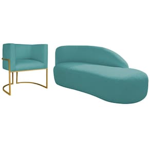 Kit Divã Luna 160cm Lado Direito E 01 Poltrona Base De Ferro Dourada Suede Cor Azul Turquesa